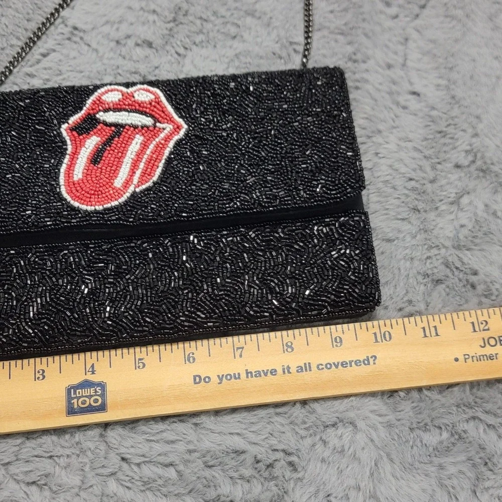 Rolling Stones Beaded Tongue Clutch Bag Womens Small Black Chain Crossbody Purse
